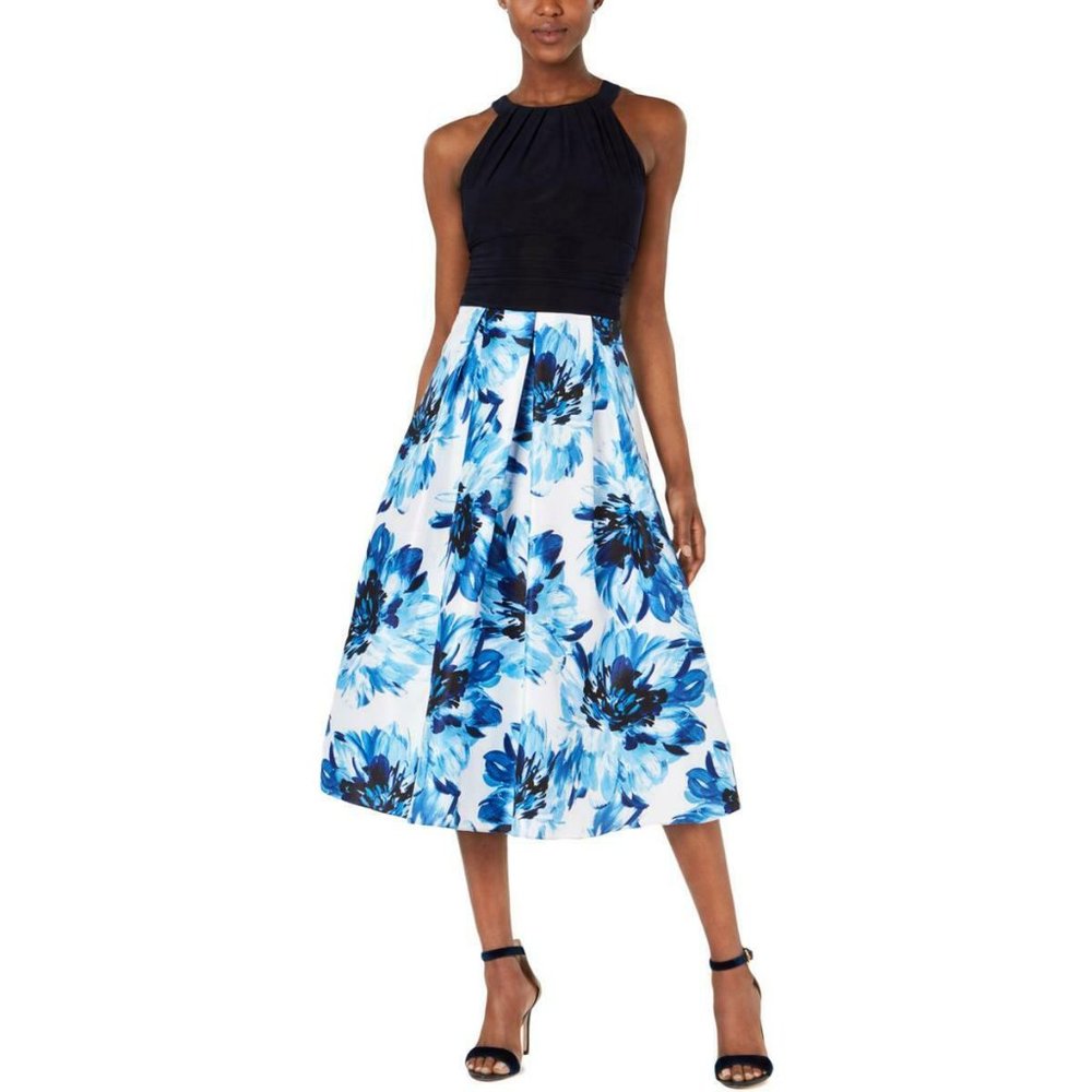 SLNY Blue Sleeveless Floral Halter Dress